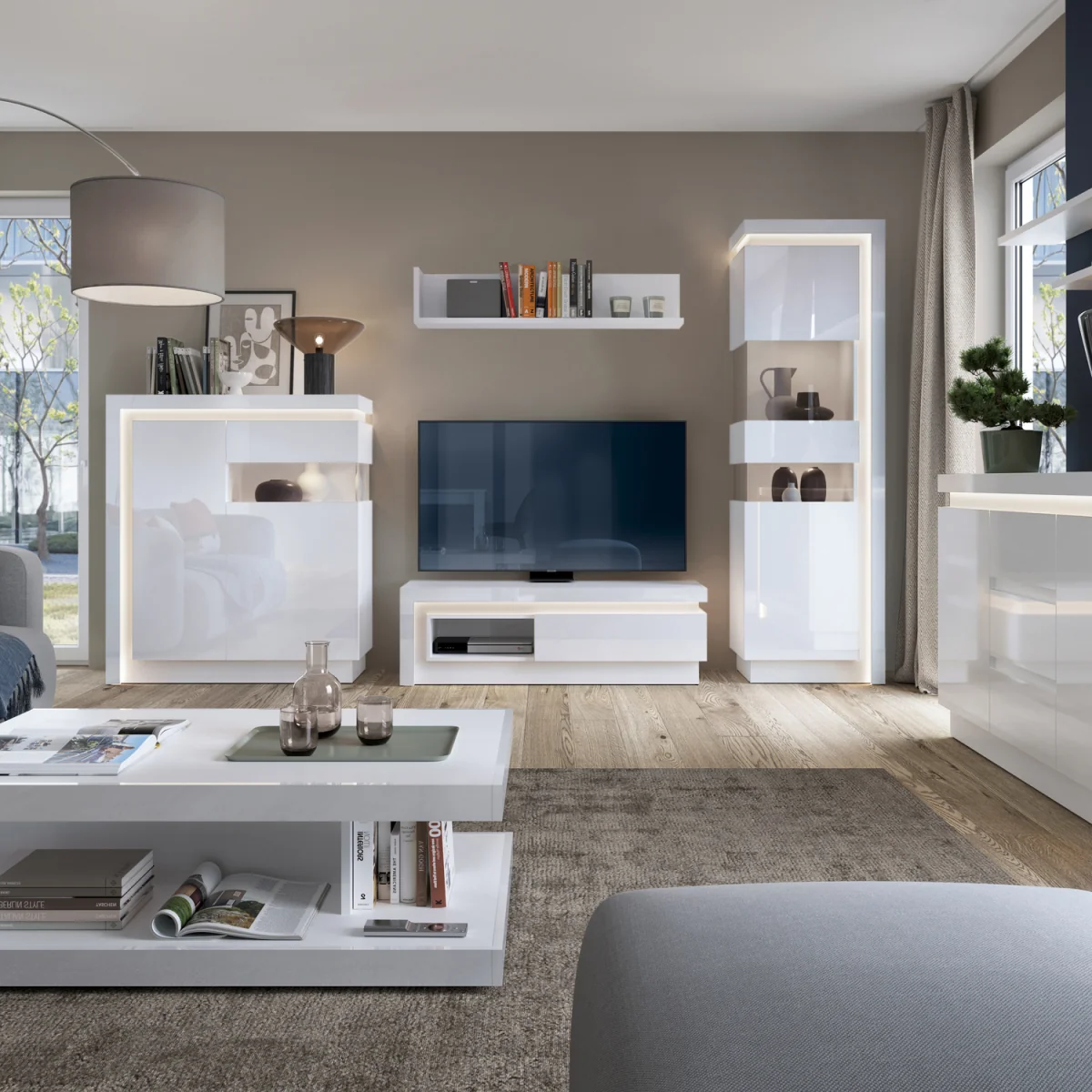 Lyon Tall Narrow Display Cabinet (LHD) (including LED lighting) in White and High Gloss - White – image 3