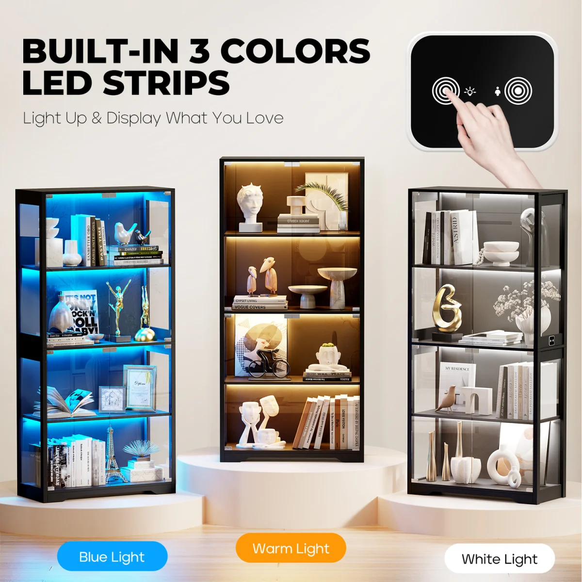 Display Cabinet with Glass Doors, 4-Tier Curio Cabinet with 3 Color Lights - White – image 11