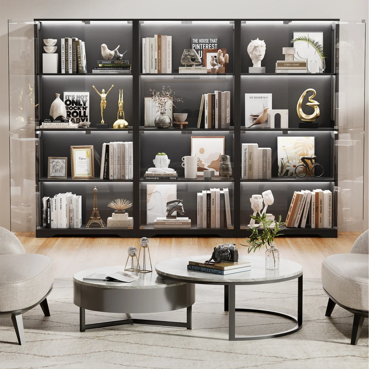 Display Cabinet with Glass Doors, 4-Tier Curio Cabinet with 3 Color Lights - White – image 12