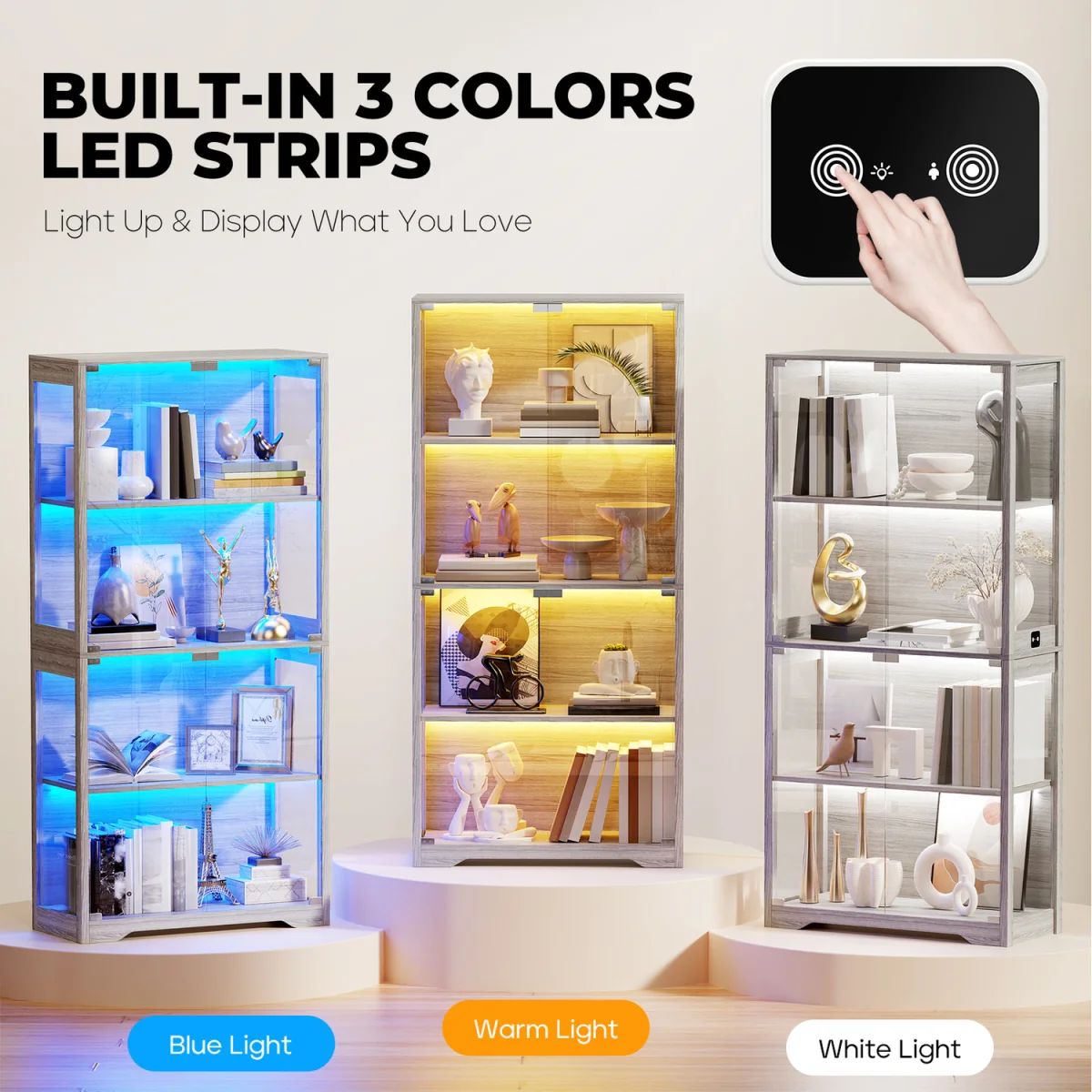Display Cabinet with Glass Doors, 4-Tier Curio Cabinet with 3 Color Lights - White – image 18