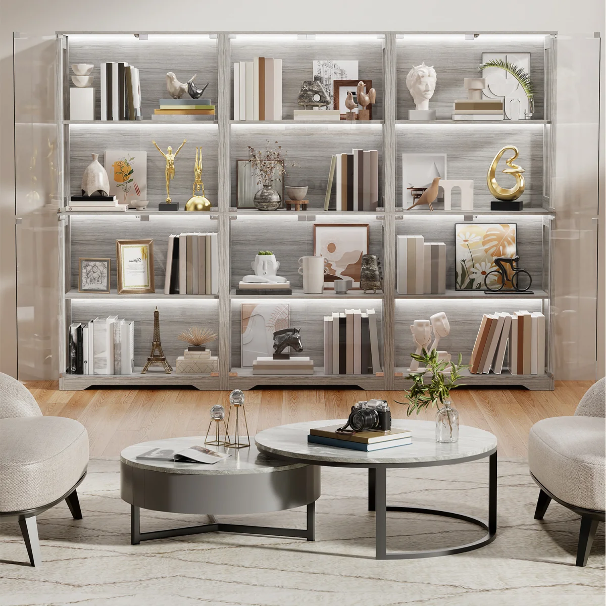 Display Cabinet with Glass Doors, 4-Tier Curio Cabinet with 3 Color Lights - White – image 19