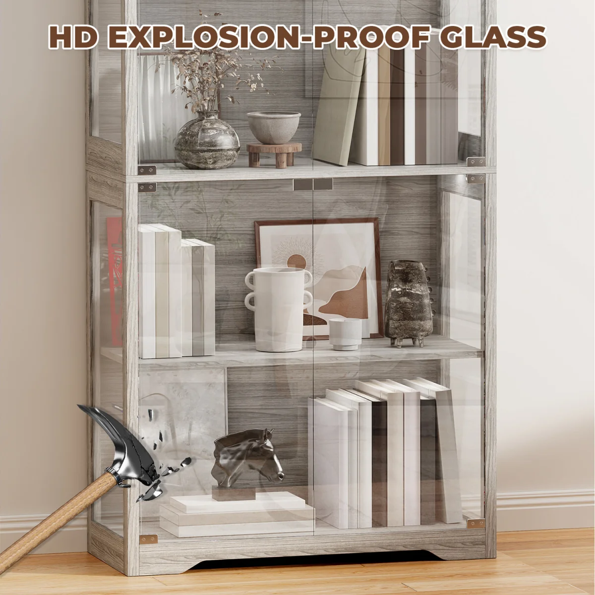 Display Cabinet with Glass Doors, 4-Tier Curio Cabinet with 3 Color Lights - White – image 20