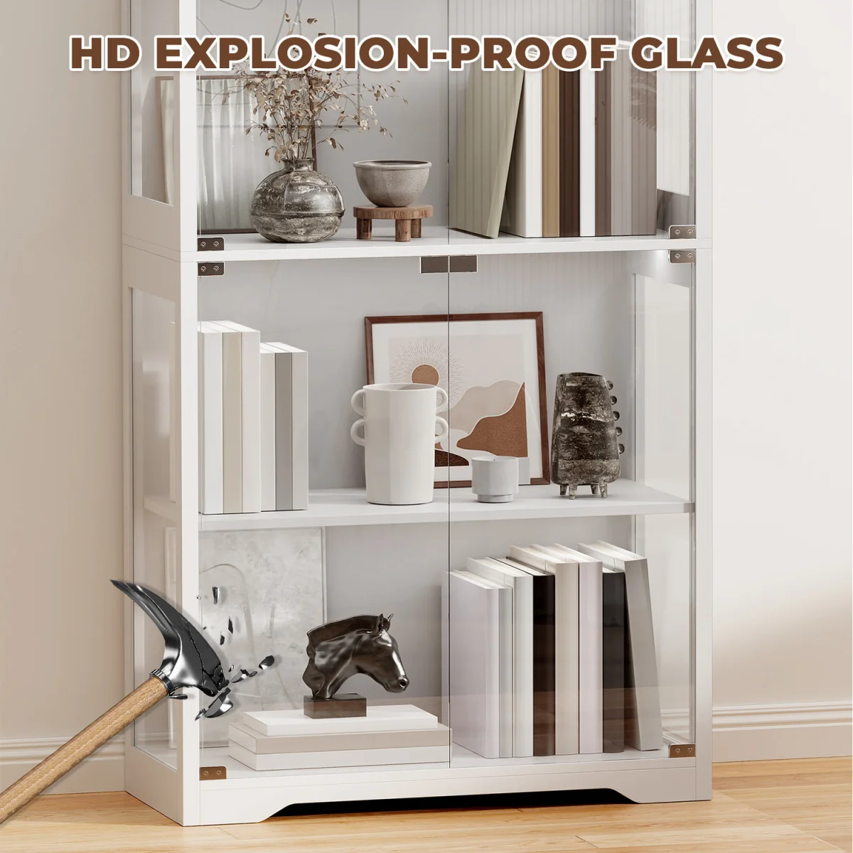 Display Cabinet with Glass Doors, 4-Tier Curio Cabinet with 3 Color Lights - White – image 5