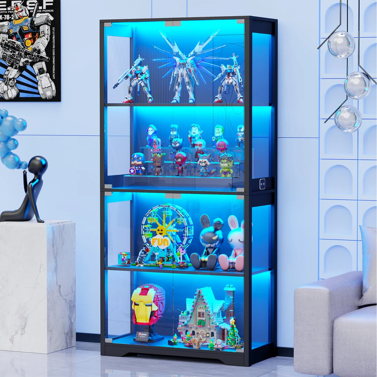 Display Cabinet with Glass Doors, 4-Tier Curio Cabinet with 3 Color Lights - White – image 8