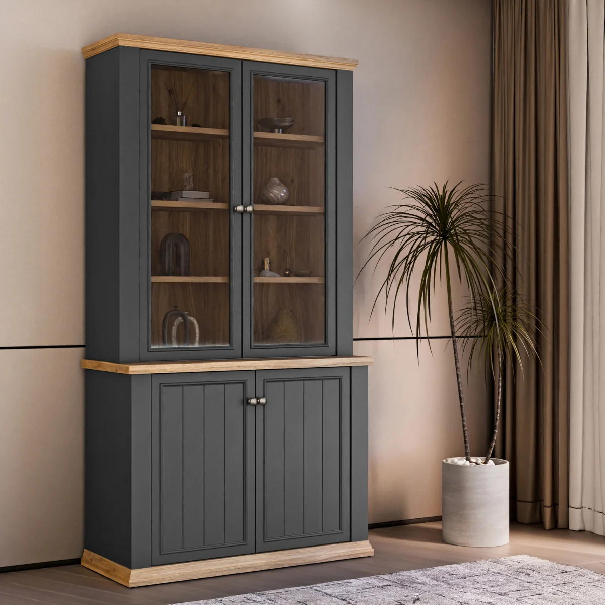 Pontypool 4 Door Display Cabinet - White and Riva Oak – image 2