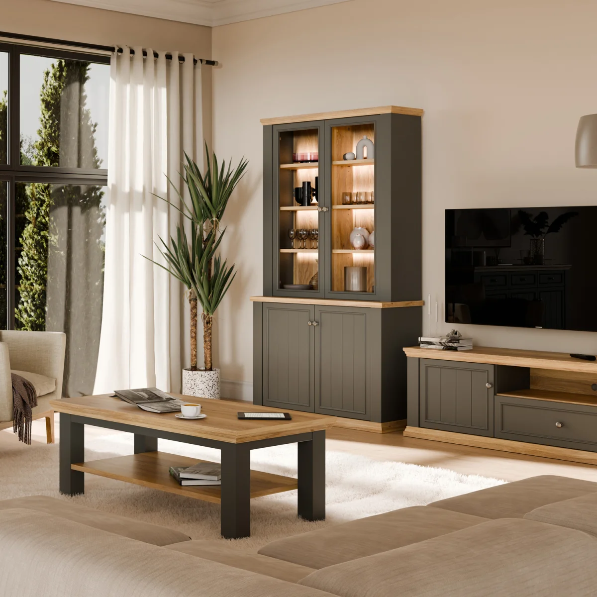 Pontypool 4 Door Display Cabinet - White and Riva Oak – image 11