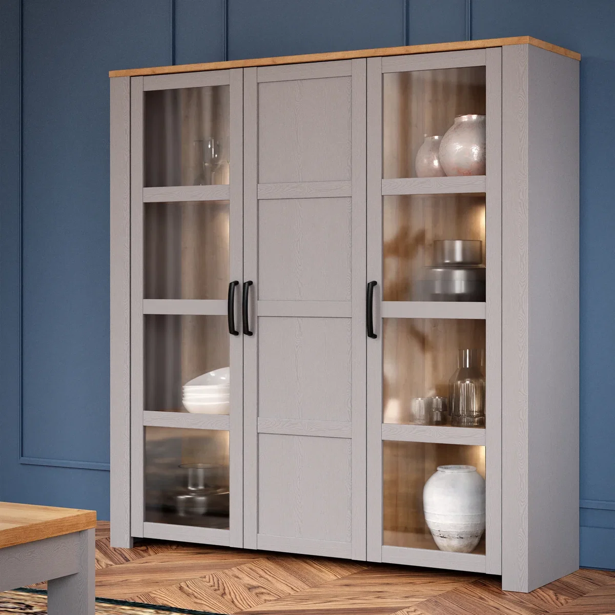 Bohol Large Display Cabinet inc. 4x LED Lights - Riviera Oak & Grey Oak – image 1