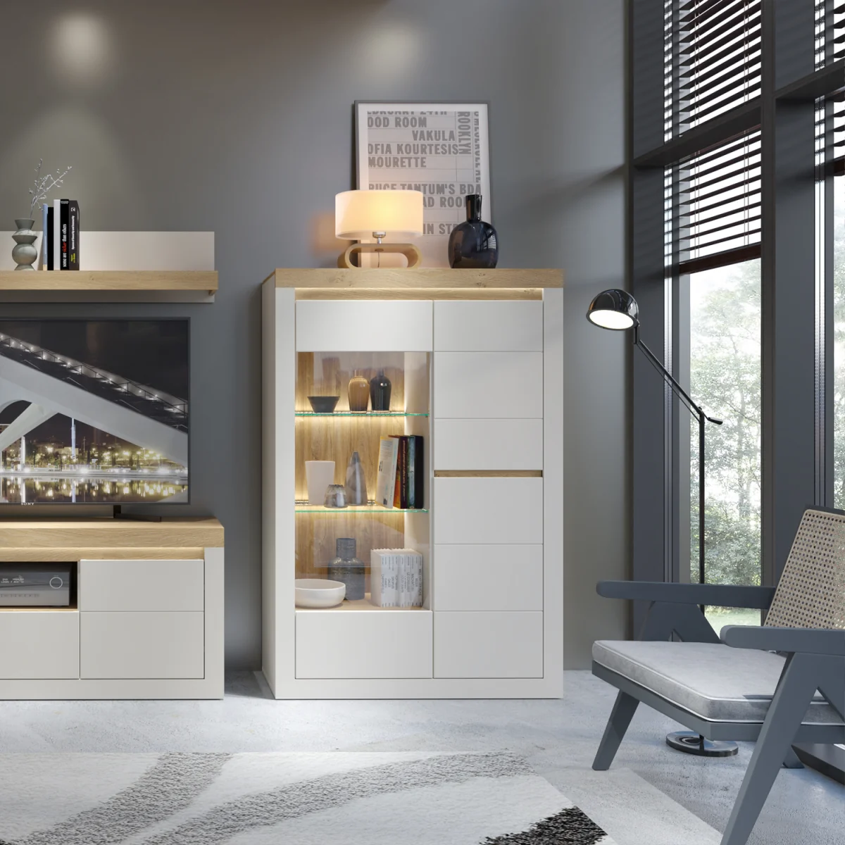 Naxxar Display Cabinet with 2 Doors (RH) in Cashmere and Stone Oak - Cashmere & Stone Oak – image 4