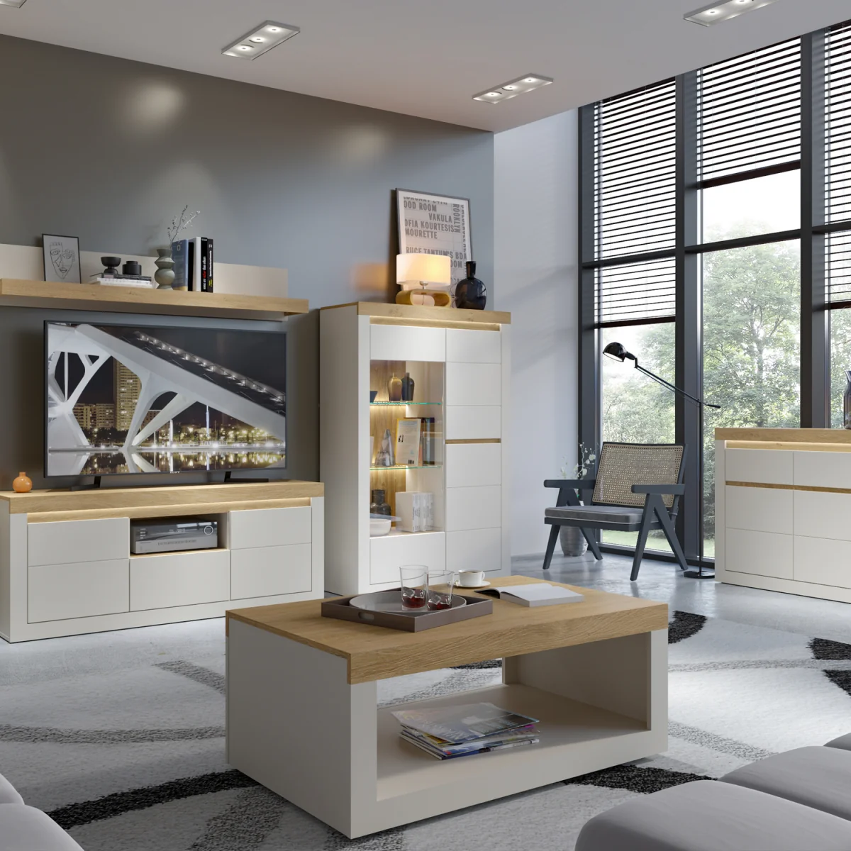 Naxxar Display Cabinet with 2 Doors (RH) in Cashmere and Stone Oak - Cashmere & Stone Oak – image 5