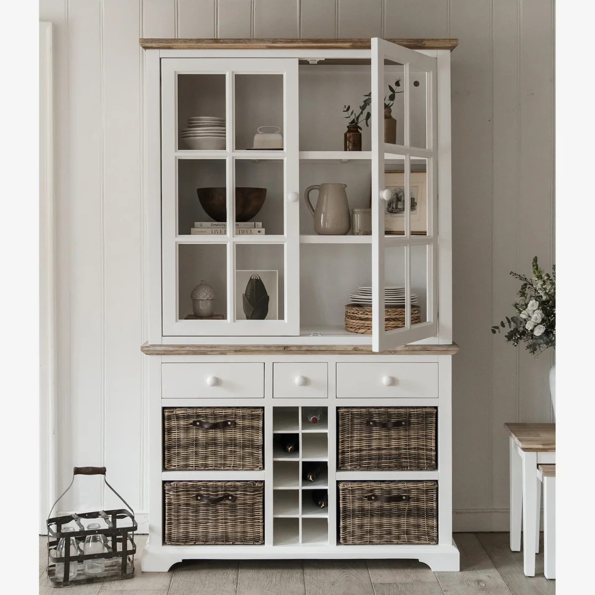 Florence Glass Door Display Cabinet with Storage Baskets, Drawers and Wine Rack - White - White