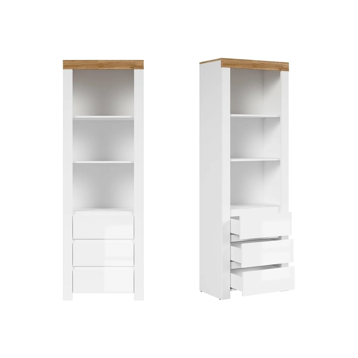 Impact Furniture Holten Tall Display Cabinet, White Gloss with Oak Effect. - White Gloss / Oak Effect