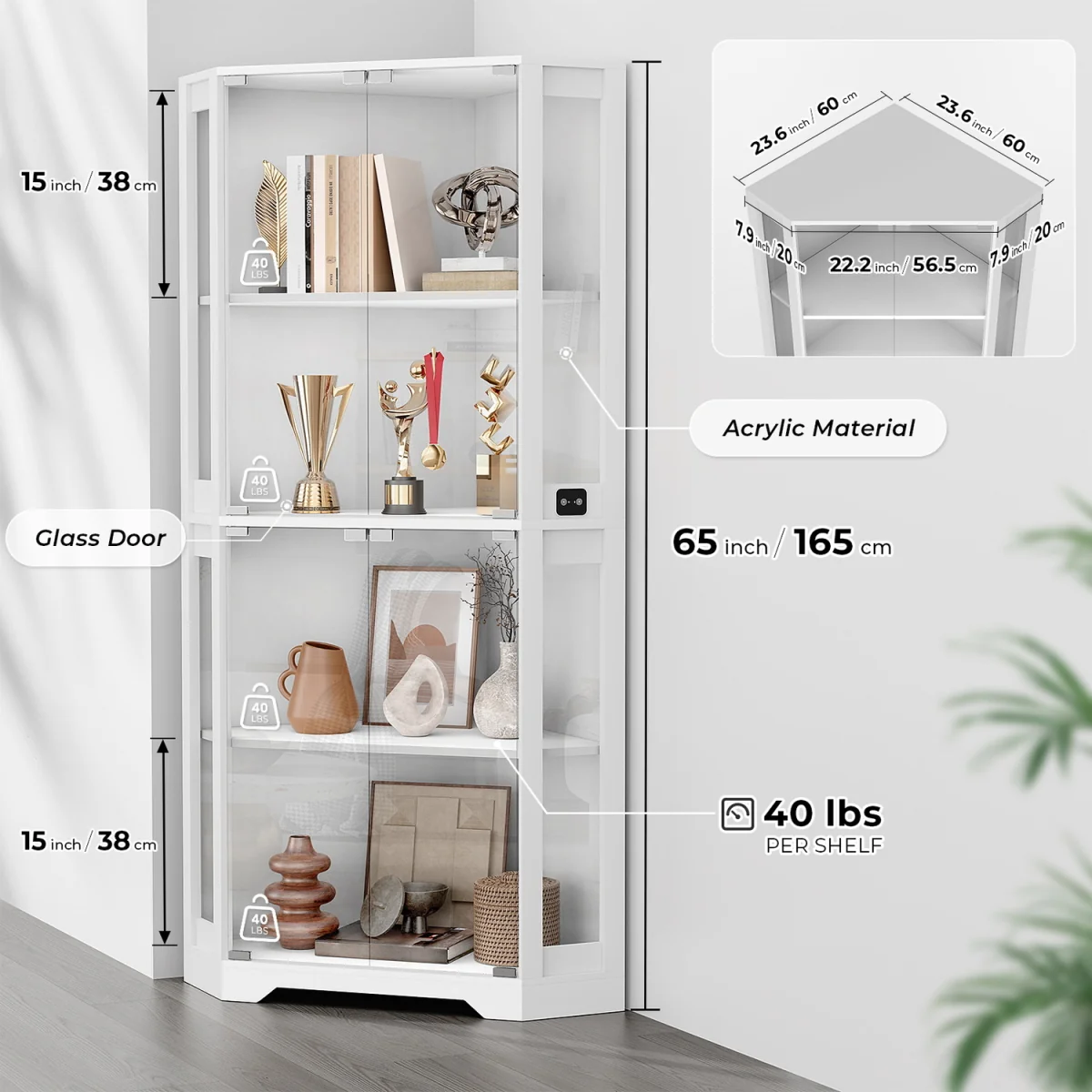 BROTTAR Corner Display Cabinets with Glass Doors and 3 Color LED Lights - White – image 2