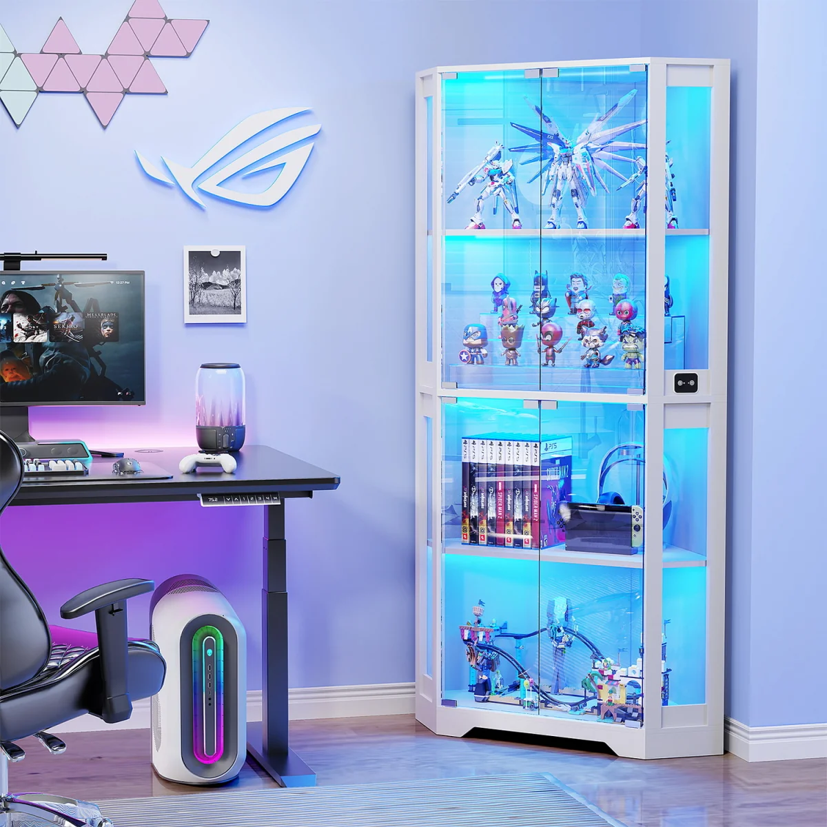 BROTTAR Corner Display Cabinets with Glass Doors and 3 Color LED Lights - White – image 5