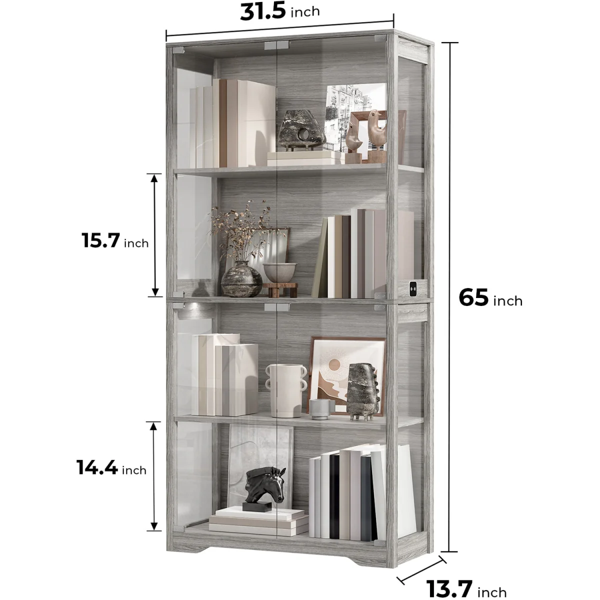Display Cabinet with Glass Doors, 4-Tier Curio Cabinet with 3 Color Lights - Grey – image 2