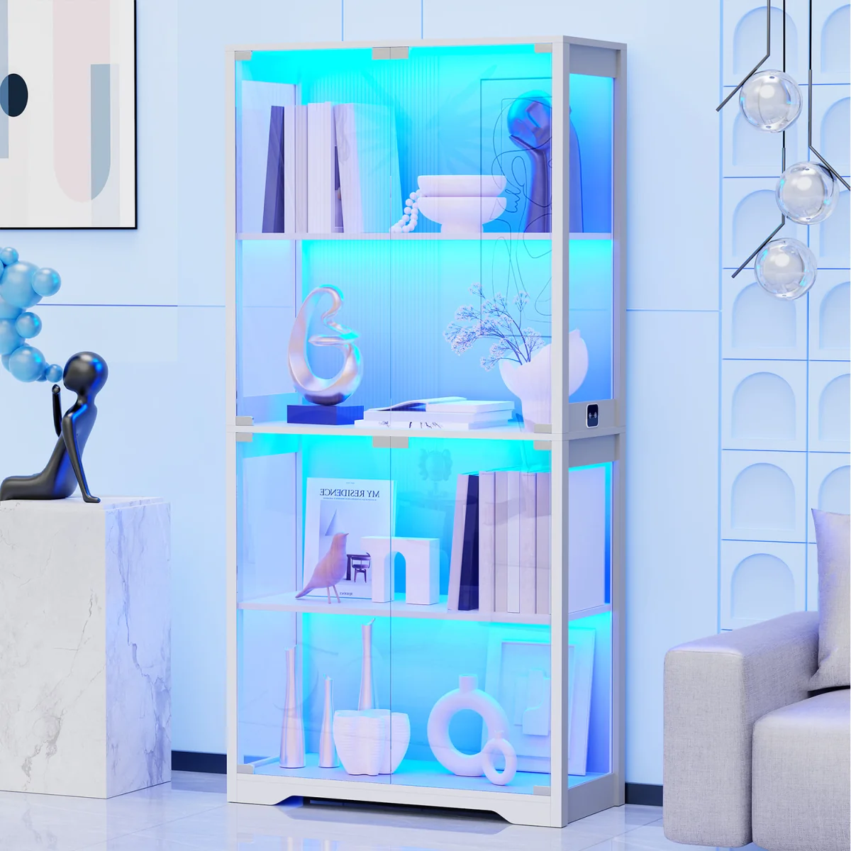 Display Cabinet with Glass Doors, 4-Tier Curio Cabinet with 3 Color Lights - Grey – image 16