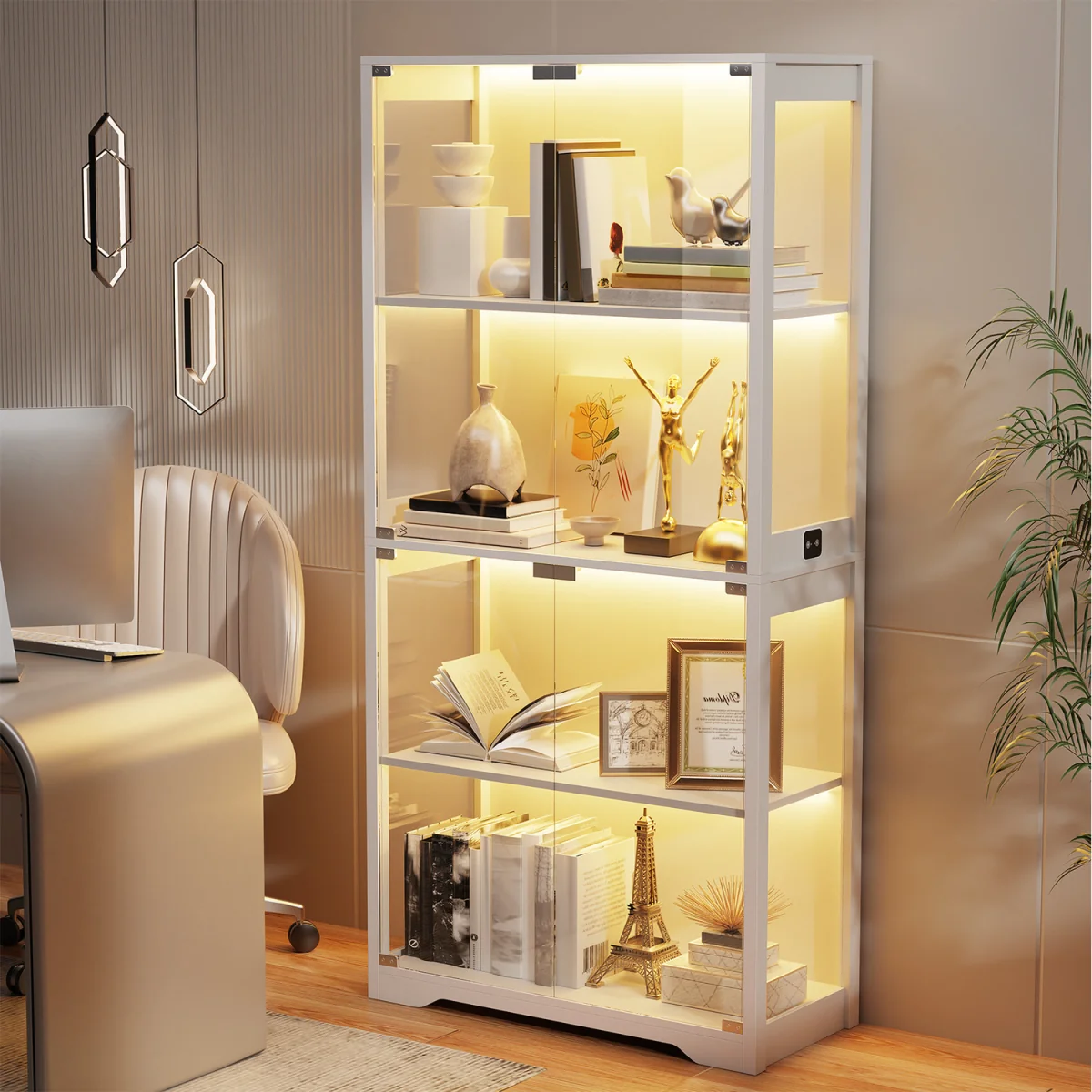 Display Cabinet with Glass Doors, 4-Tier Curio Cabinet with 3 Color Lights - Grey – image 17