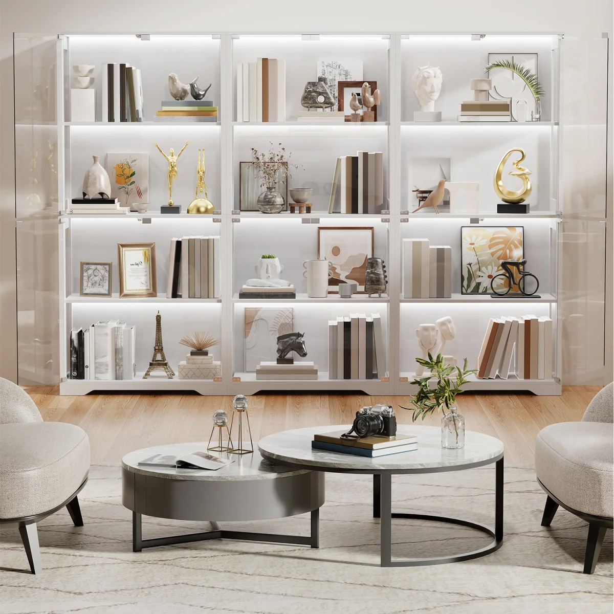 Display Cabinet with Glass Doors, 4-Tier Curio Cabinet with 3 Color Lights - Grey – image 19