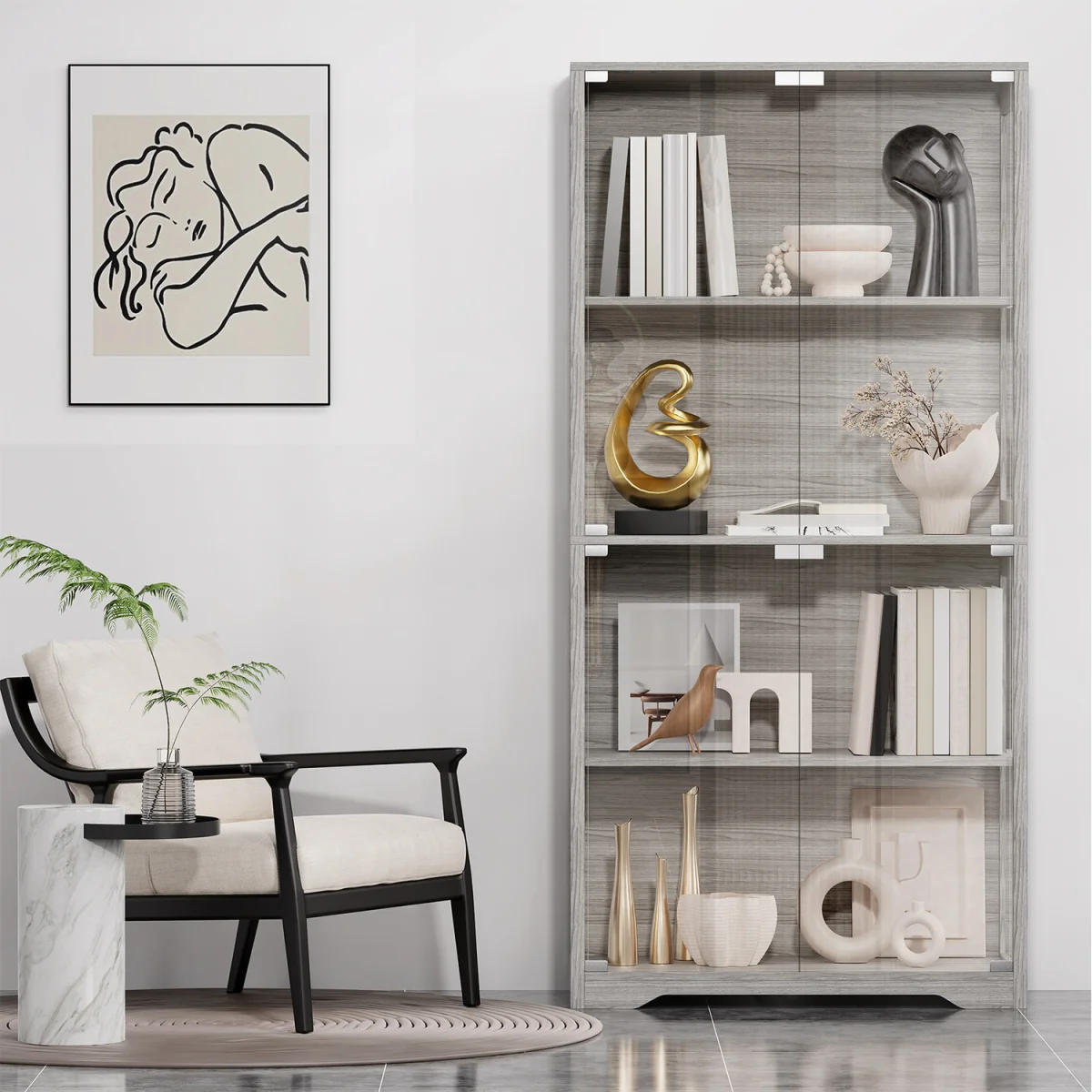 Display Cabinet with Glass Doors, 4-Tier Curio Cabinet with 3 Color Lights - Grey – image 20