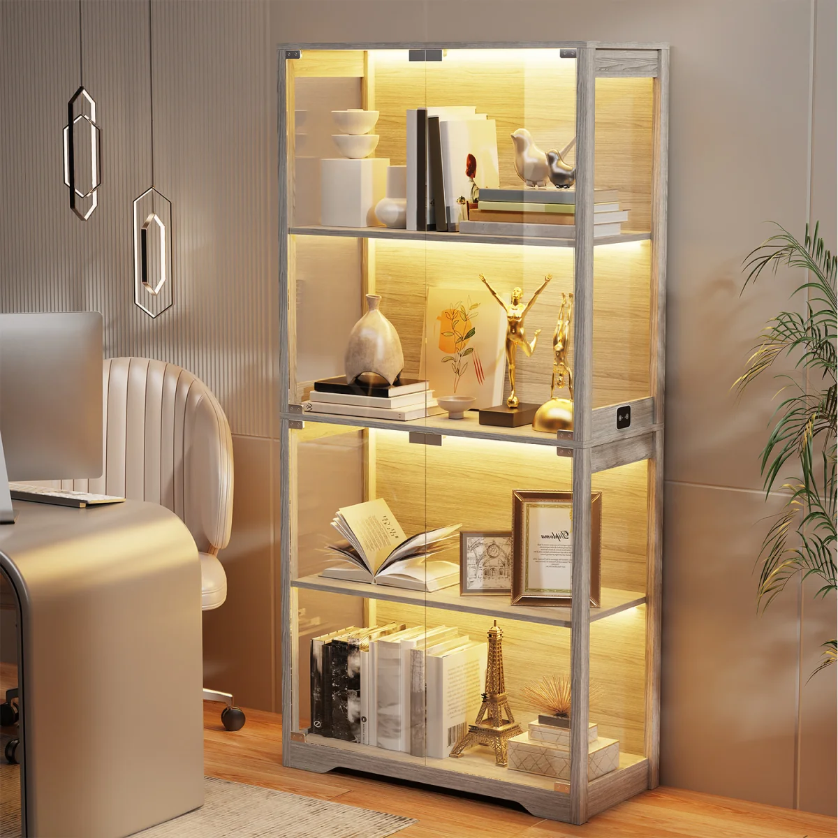 Display Cabinet with Glass Doors, 4-Tier Curio Cabinet with 3 Color Lights - Grey – image 3
