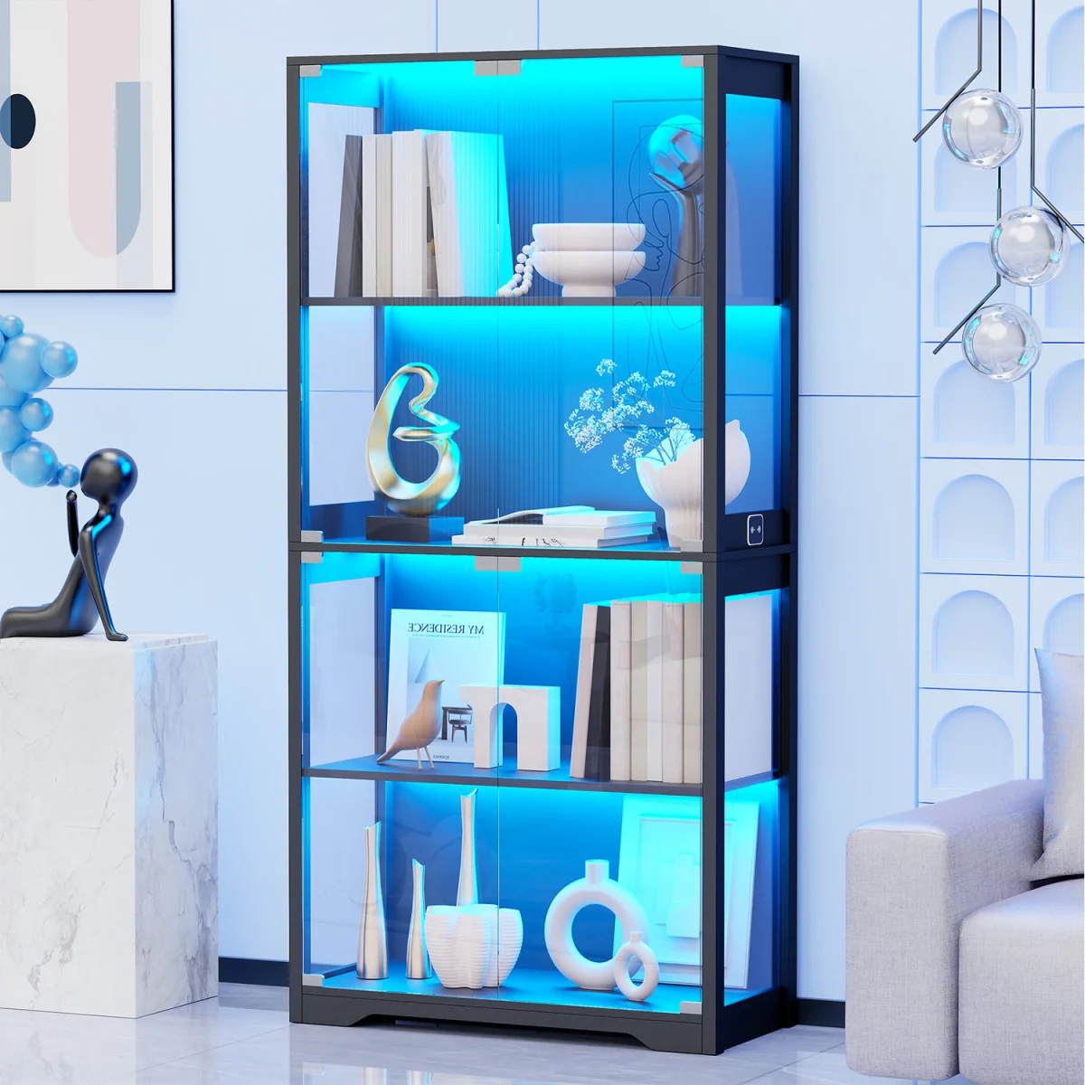 Display Cabinet with Glass Doors, 4-Tier Curio Cabinet with 3 Color Lights - Grey – image 21