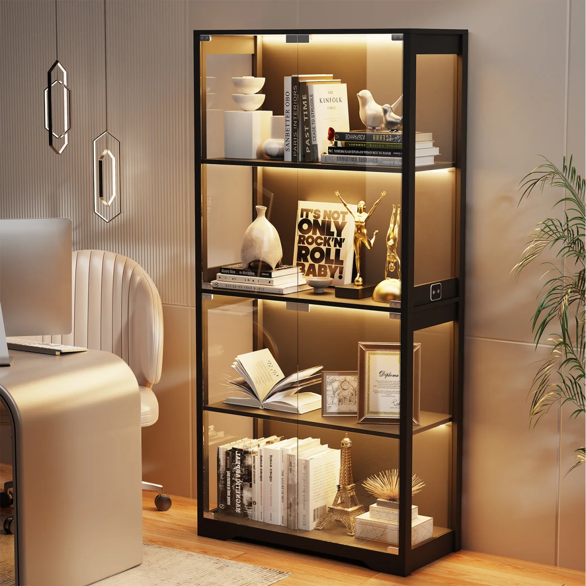 Display Cabinet with Glass Doors, 4-Tier Curio Cabinet with 3 Color Lights - Grey – image 10