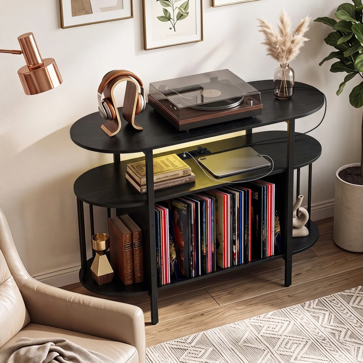 Large Turntable Record Player Stand with LED Lights-Brown - Black – image 5