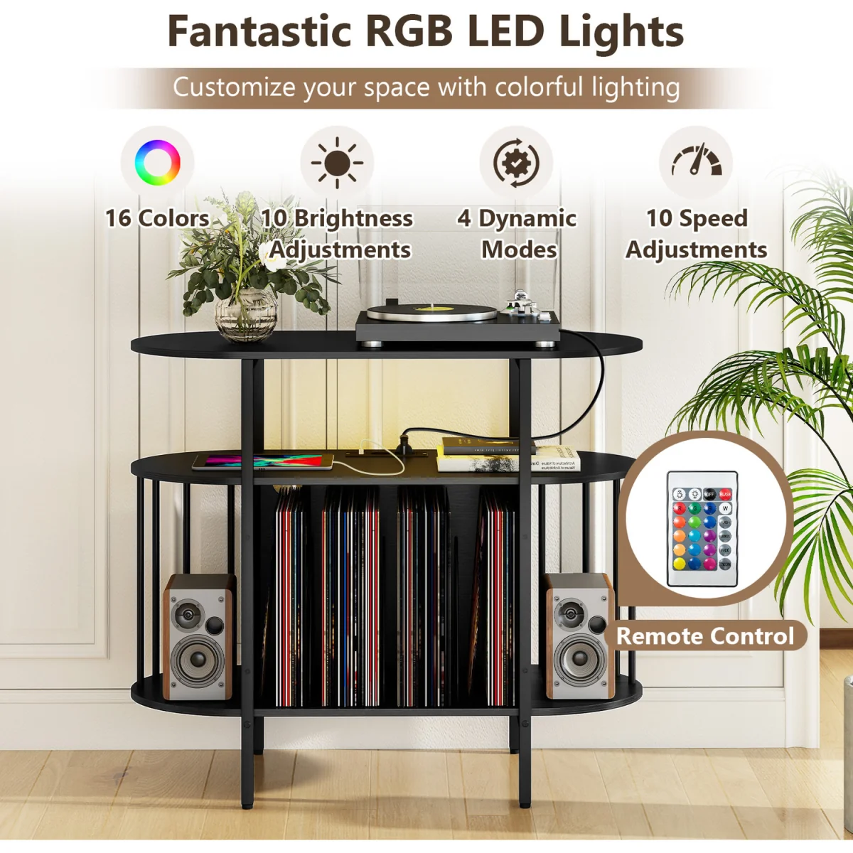 Large Turntable Record Player Stand with LED Lights-Brown - Black – image 6