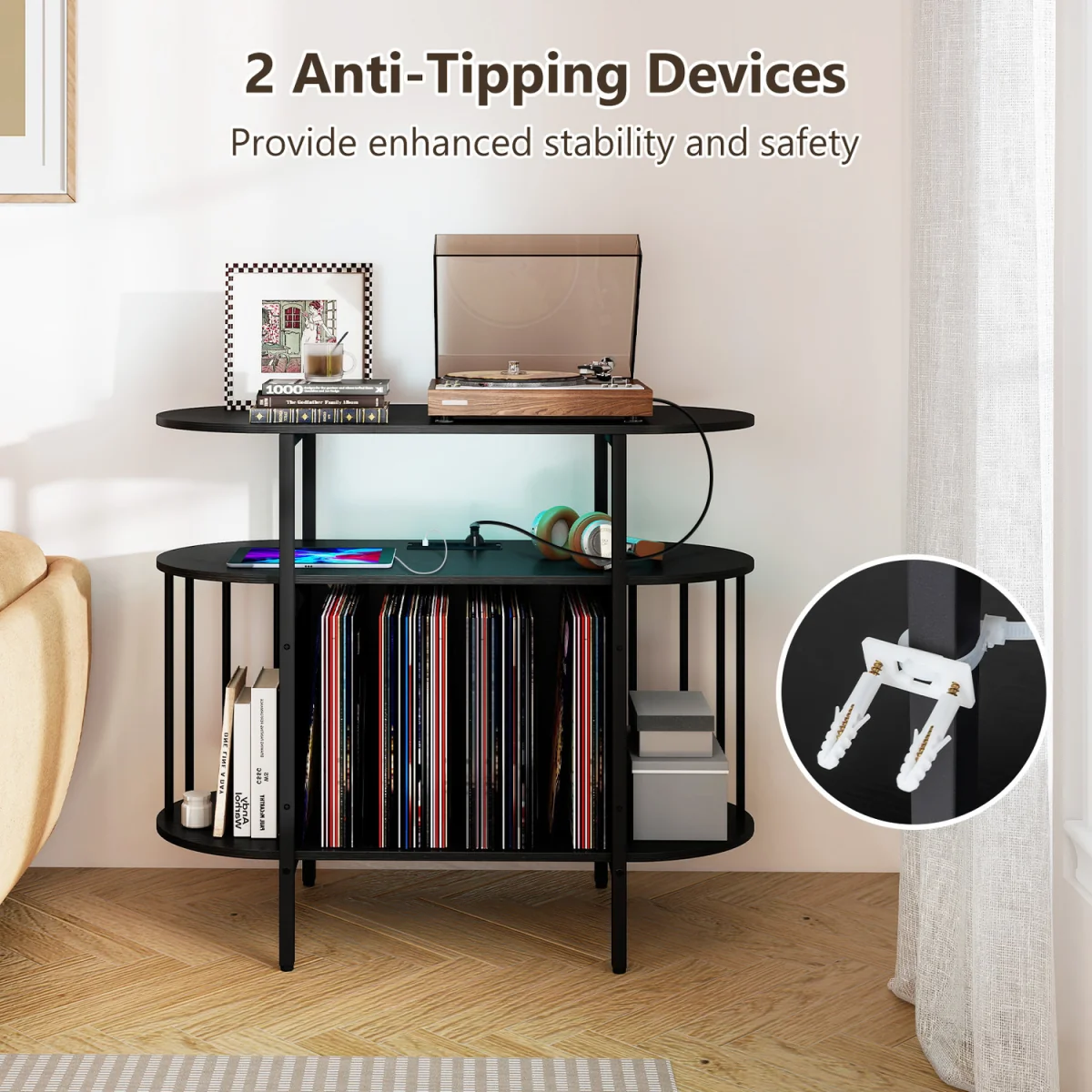 Large Turntable Record Player Stand with LED Lights-Brown - Black – image 7