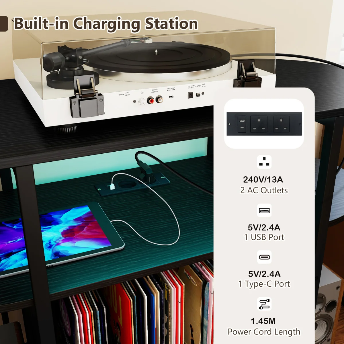 Large Turntable Record Player Stand with LED Lights-Brown - Black – image 8
