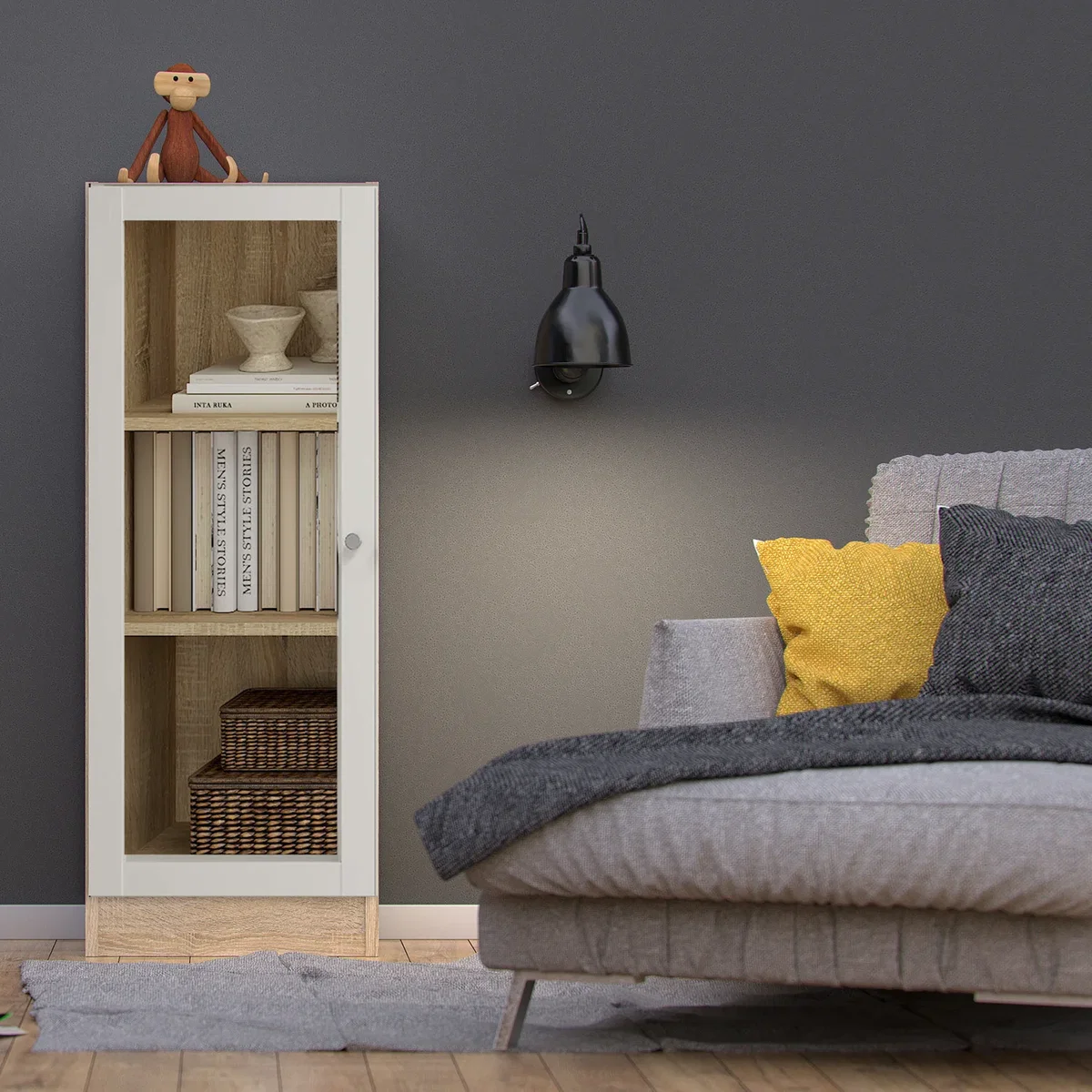 Basic Low Narrow Display Cabinet (2 Shelves) with Glass Door - Oak with White Door – image 1