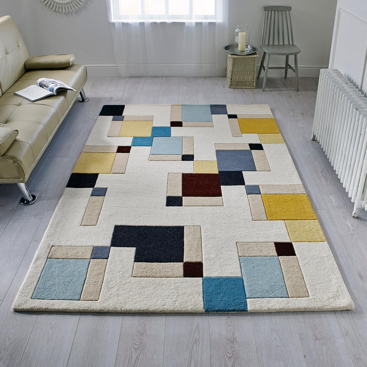 Illusion Abstract Blocks Rug Abstract Blue and Ochre – image 1