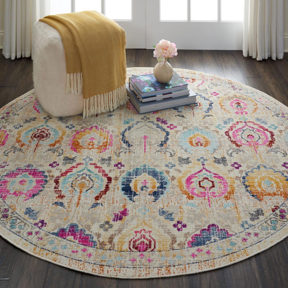 Vintage Kashan 4 Round Rug Pink, Blue and Yellow – image 1