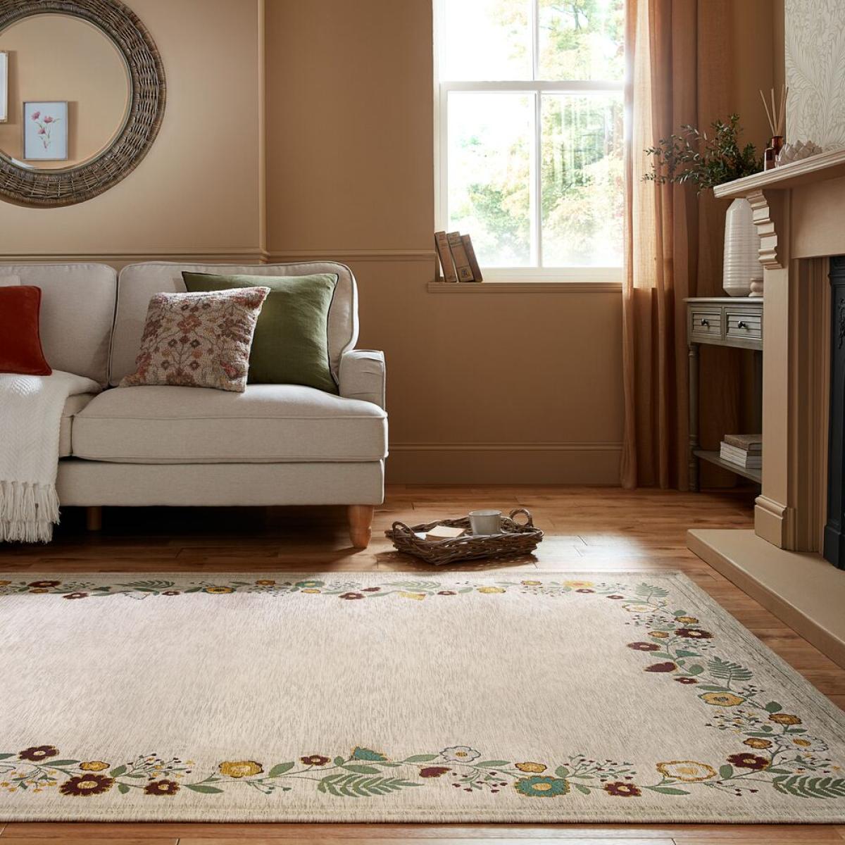 Camellia Floral Border Rug Ivory – image 1