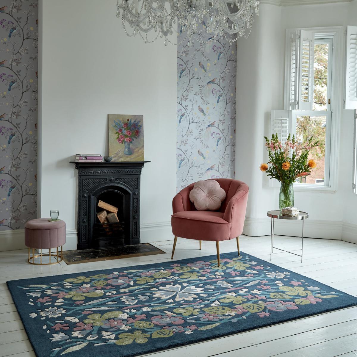 Charlotte Floral Wool Mix Rug Navy Blue, Green and Pink – image 1