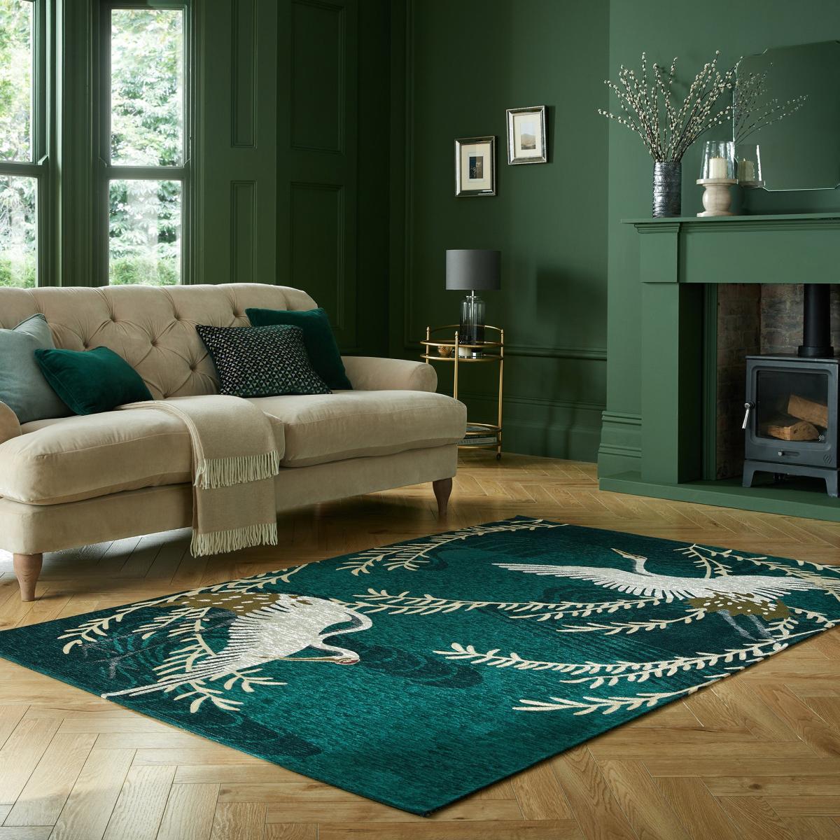 Cranes Chenille Rug Emerald – image 1