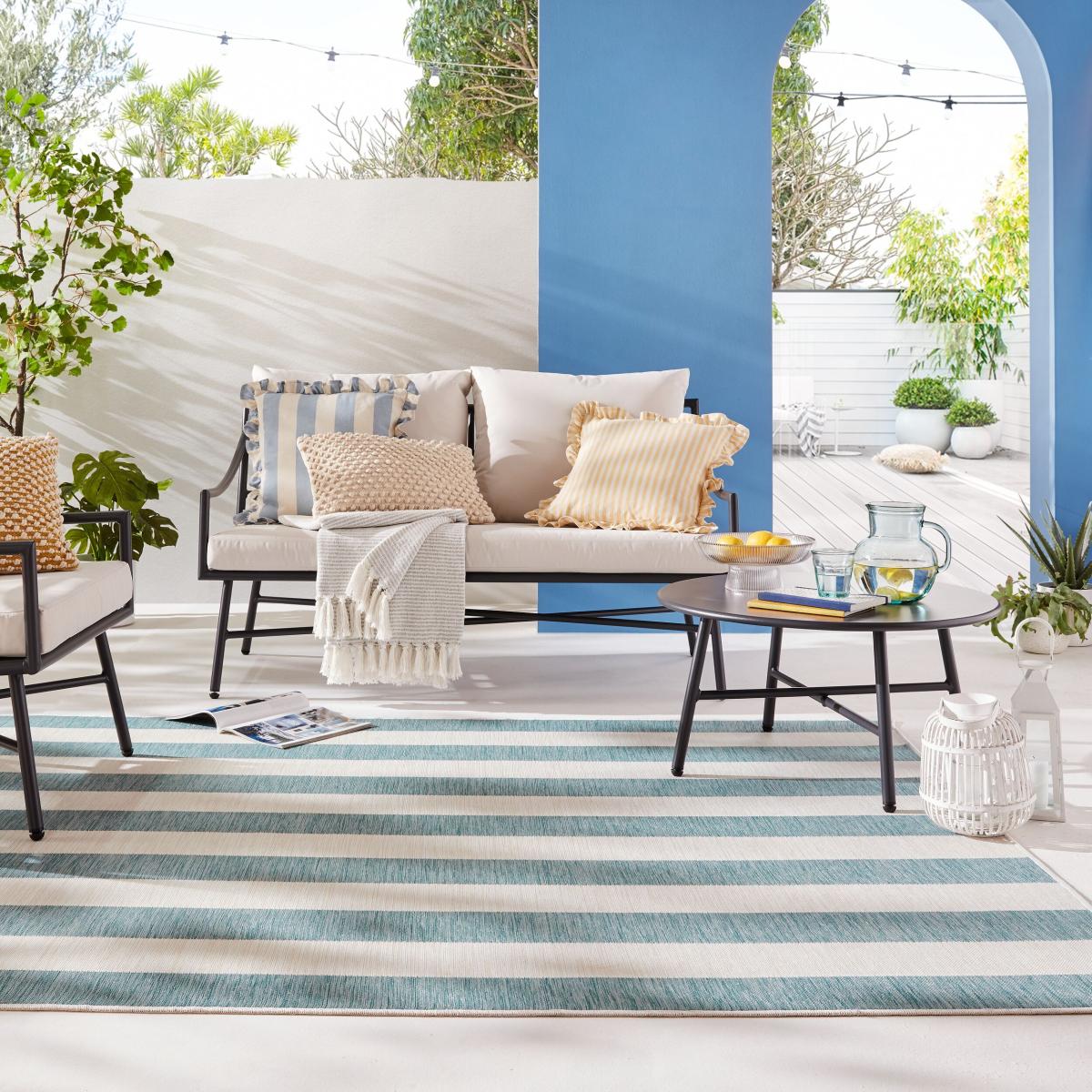 Striped Reversible Indoor Outdoor Rug Blue – image 1