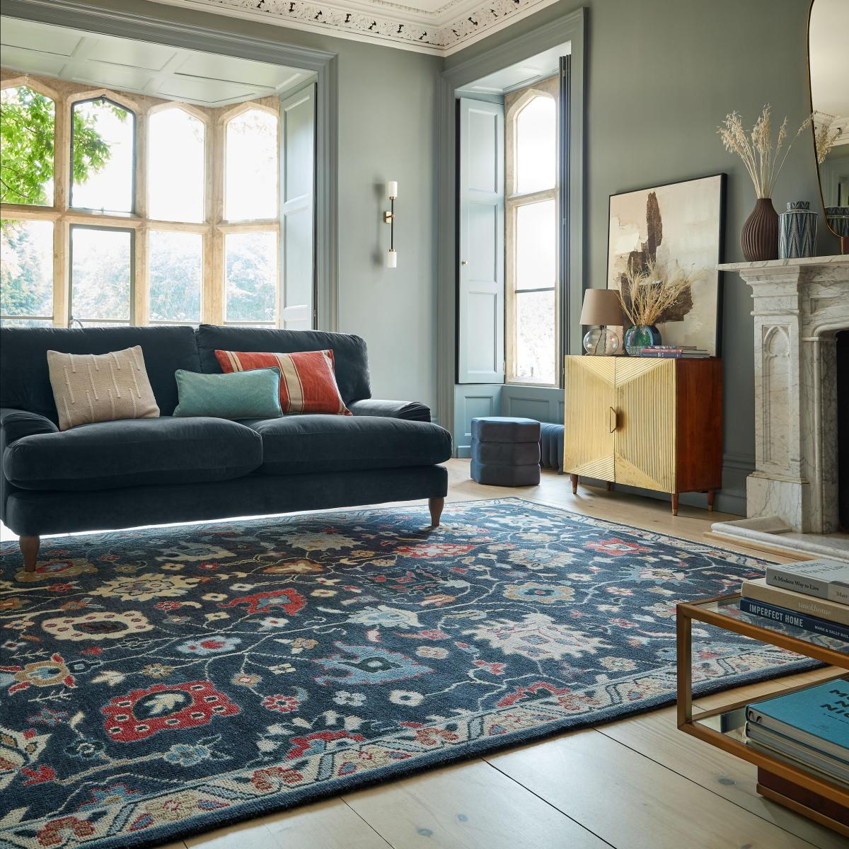 Farida Premium Hand-Knotted Floral Wool Rug Blue – image 2