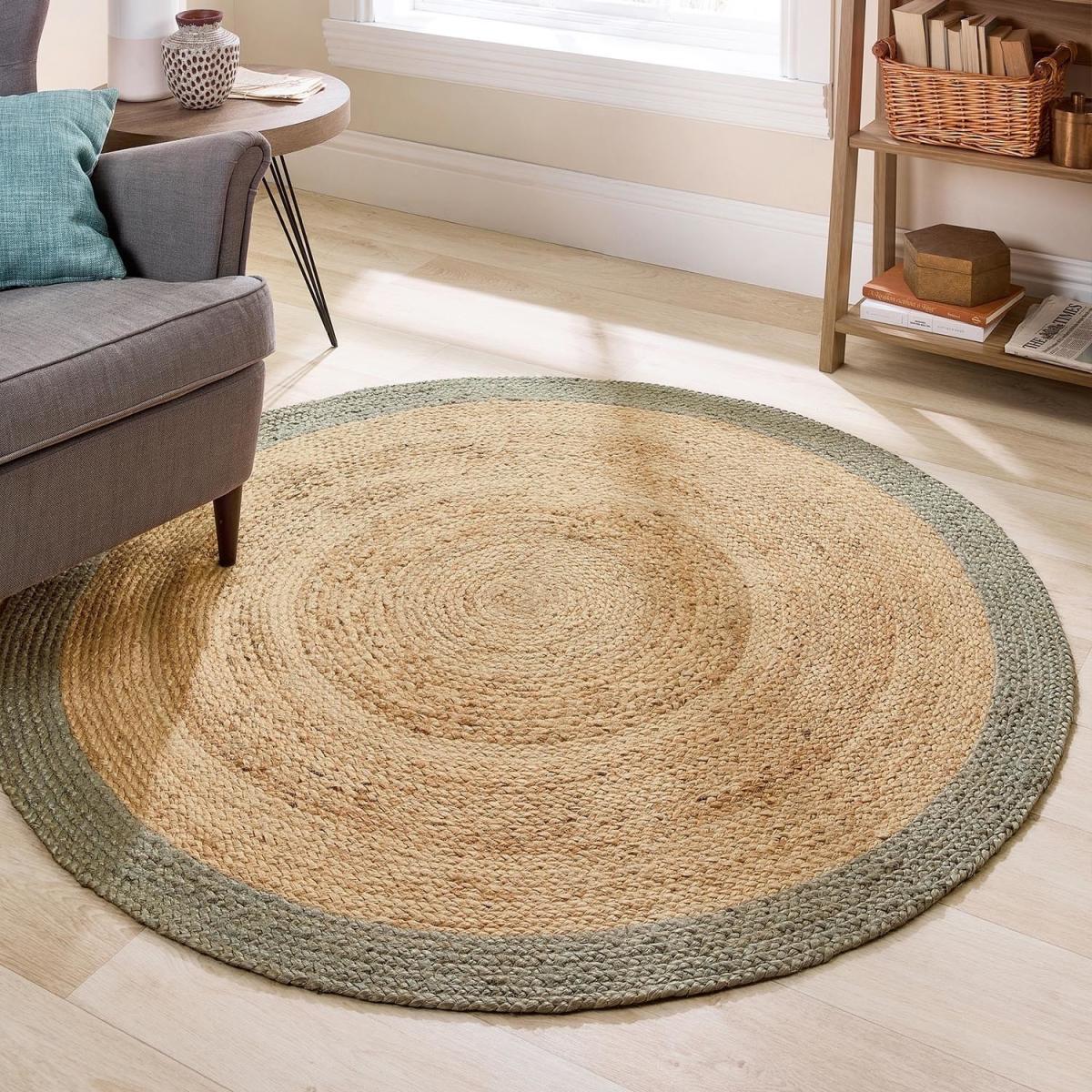 Natural Jute Round Rug with Green Border - 150 x 150 cm - Origins – image 1