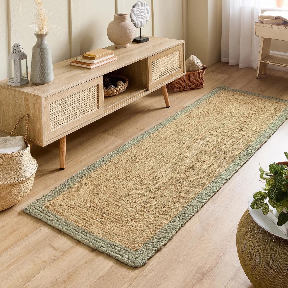 Natural Jute Runner Rug with Green Border - 200 x 67 cm - Origins – image 1