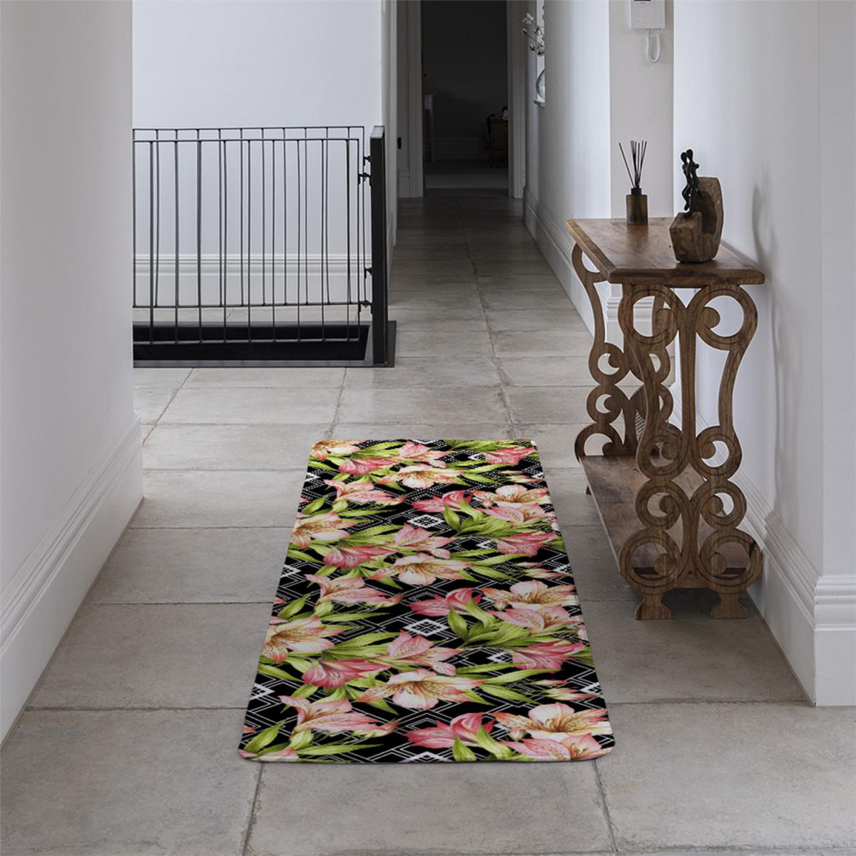 Bright Plants On Geometric Background Runner Rug - Black – image 4