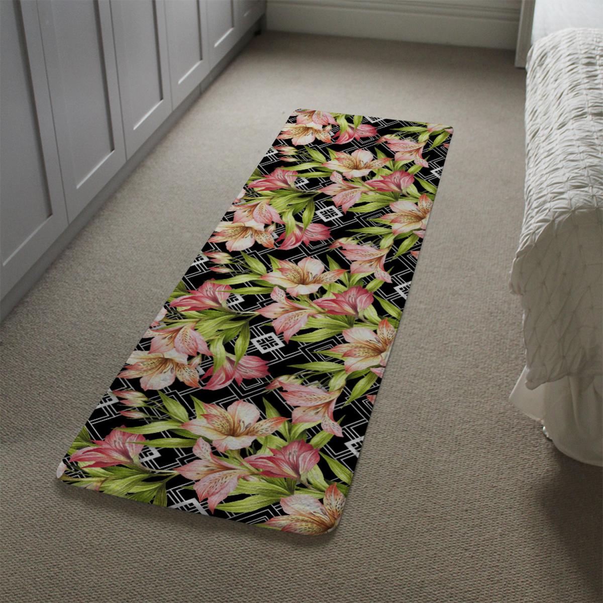 Bright Plants On Geometric Background Runner Rug - Black – image 1