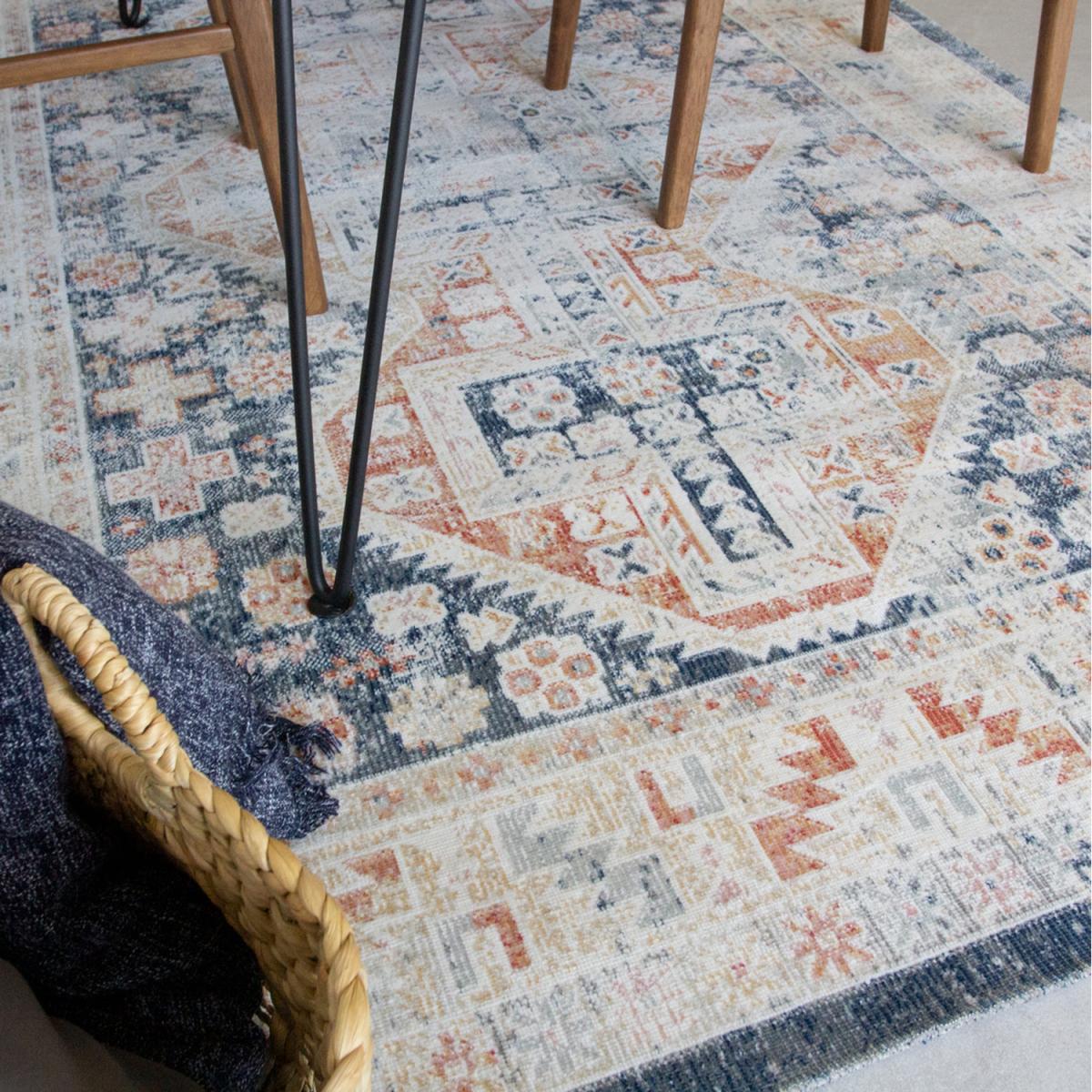 Terracotta Blue Oriental Bordered Zero Pile Distressed Rug - Navy Blue / 280 x 190cm – image 2