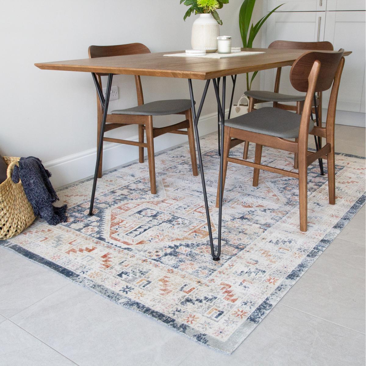 Terracotta Blue Oriental Bordered Zero Pile Distressed Rug - Navy Blue / 280 x 190cm – image 4