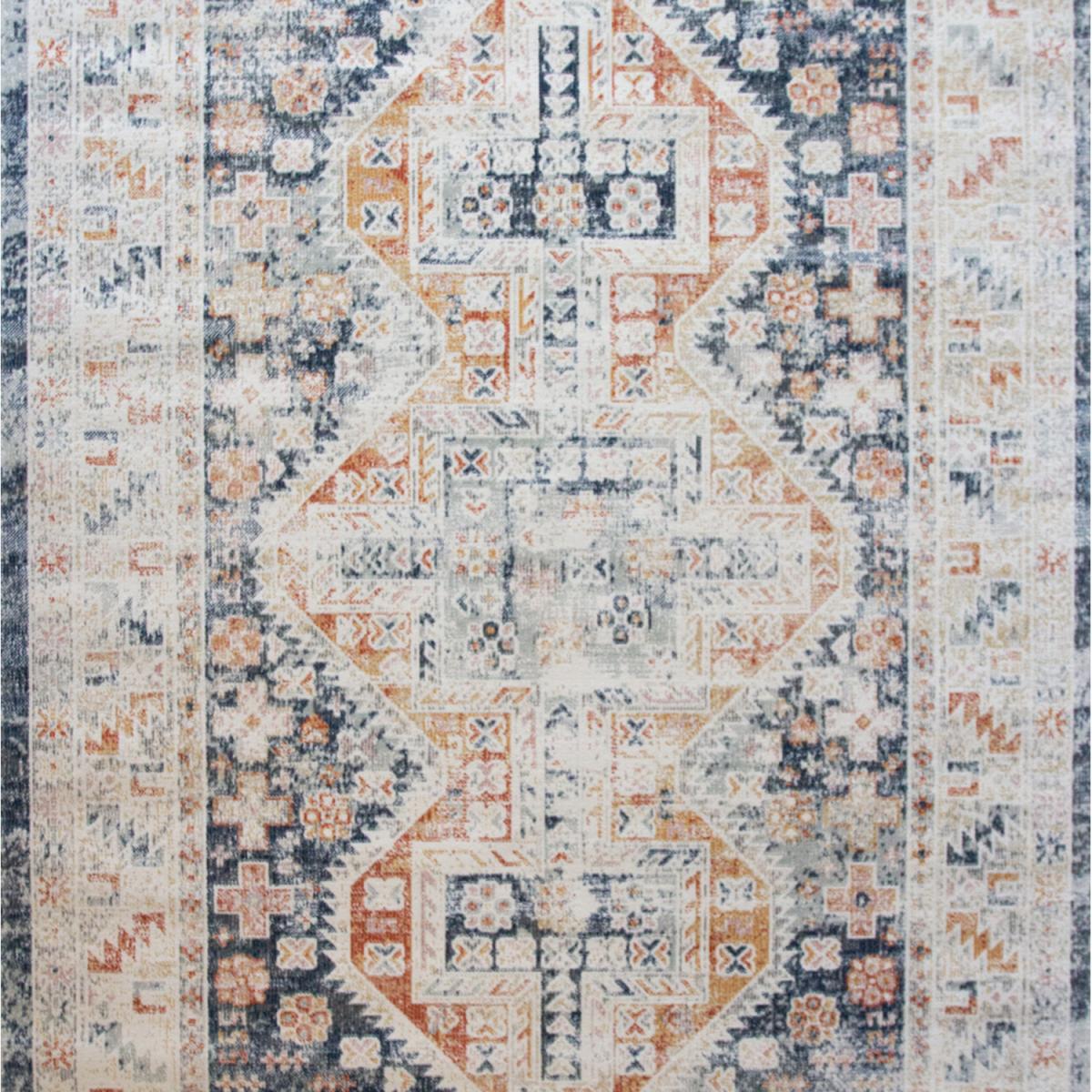 Terracotta Blue Oriental Bordered Zero Pile Distressed Rug - Navy Blue / 280 x 190cm – image 5