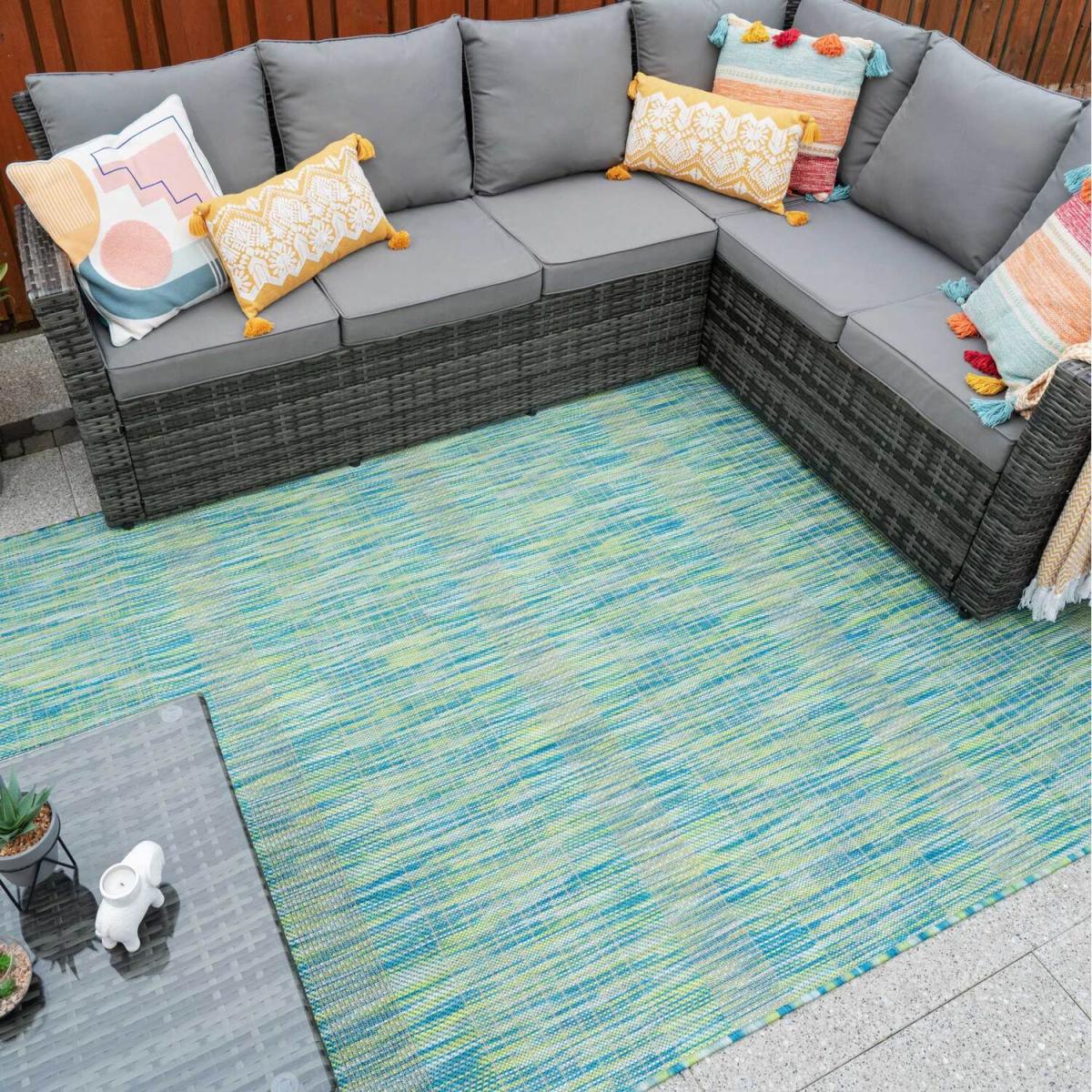 Blue Green Durable Soft Plastic Mottled Flatweave Indoor Outdoor Area Rug - Sea Green / 170 x 120cm – image 2