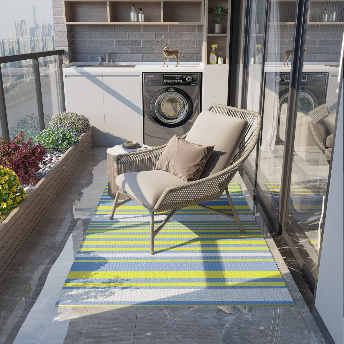Reversible Outdoor Rug, Waterproof Plastic Straw Mat - Yellow – image 1