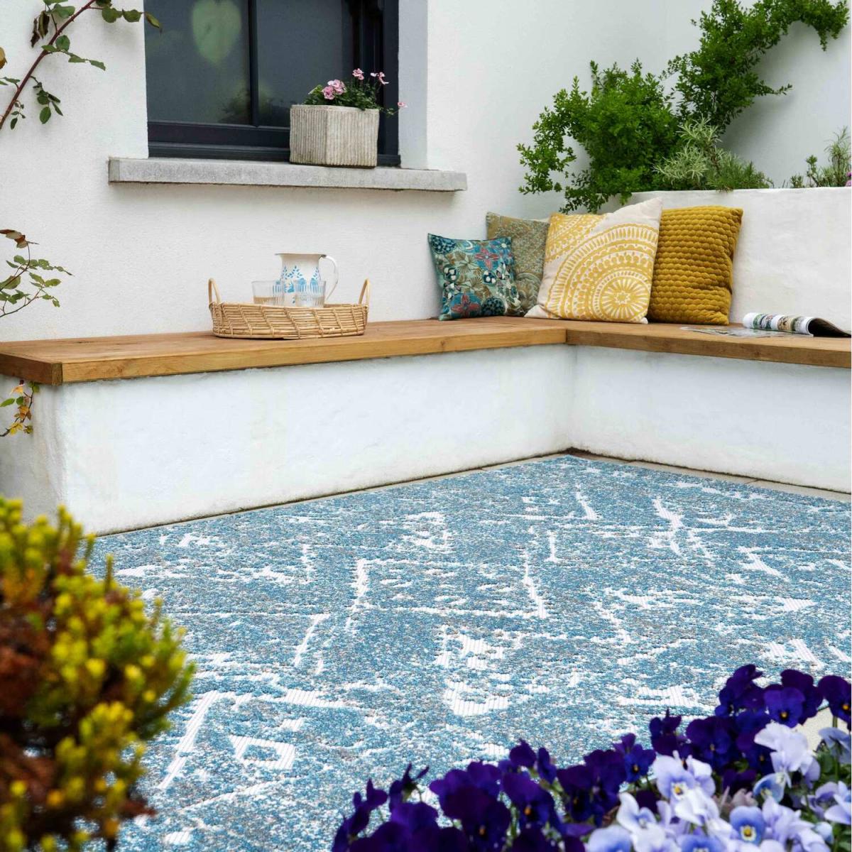 Blue Textured Bordered Geometric Weatherproof Durable Indoor Outdoor Area Rug - Blue / 150 x 80cm – image 2