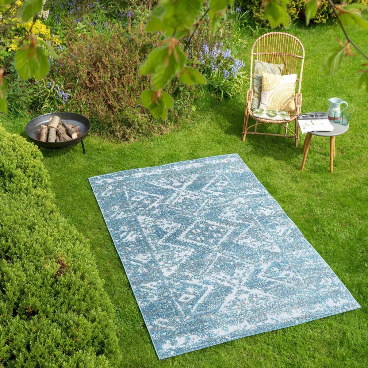 Blue Textured Bordered Geometric Weatherproof Durable Indoor Outdoor Area Rug - Blue / 150 x 80cm – image 3