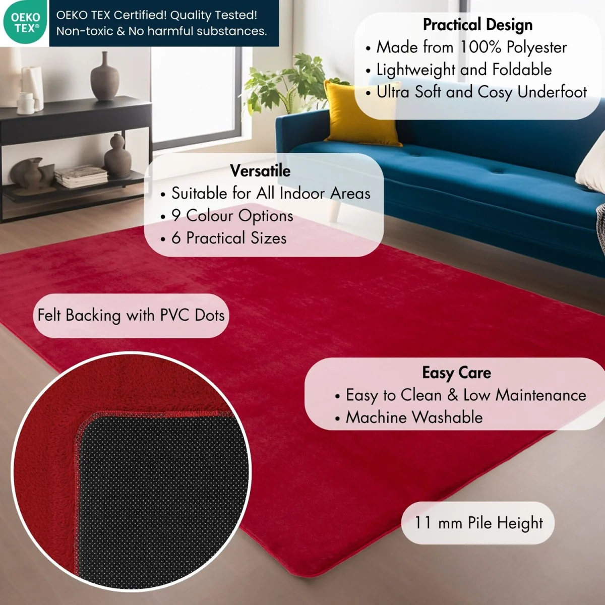 Snuggly Washable Low Pile Living Room Area Rug - Anti-Slip Felt Backing - Red / 280cm / 200cm – image 3