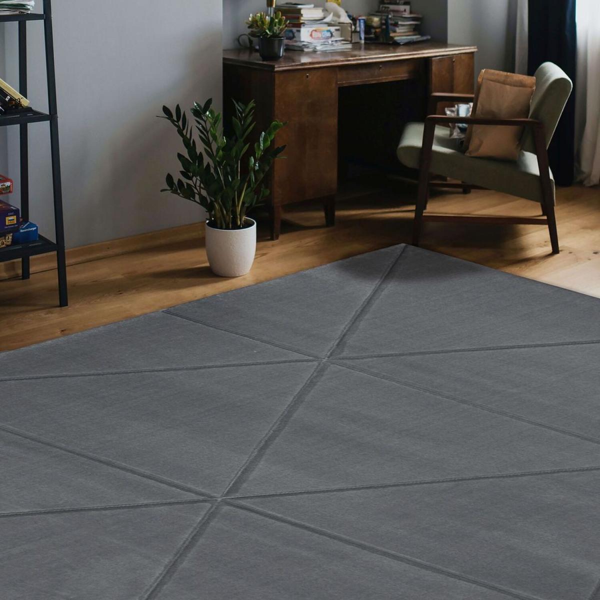 Grey Geometric Carved Living Room Rug - Mora - Grey – image 2